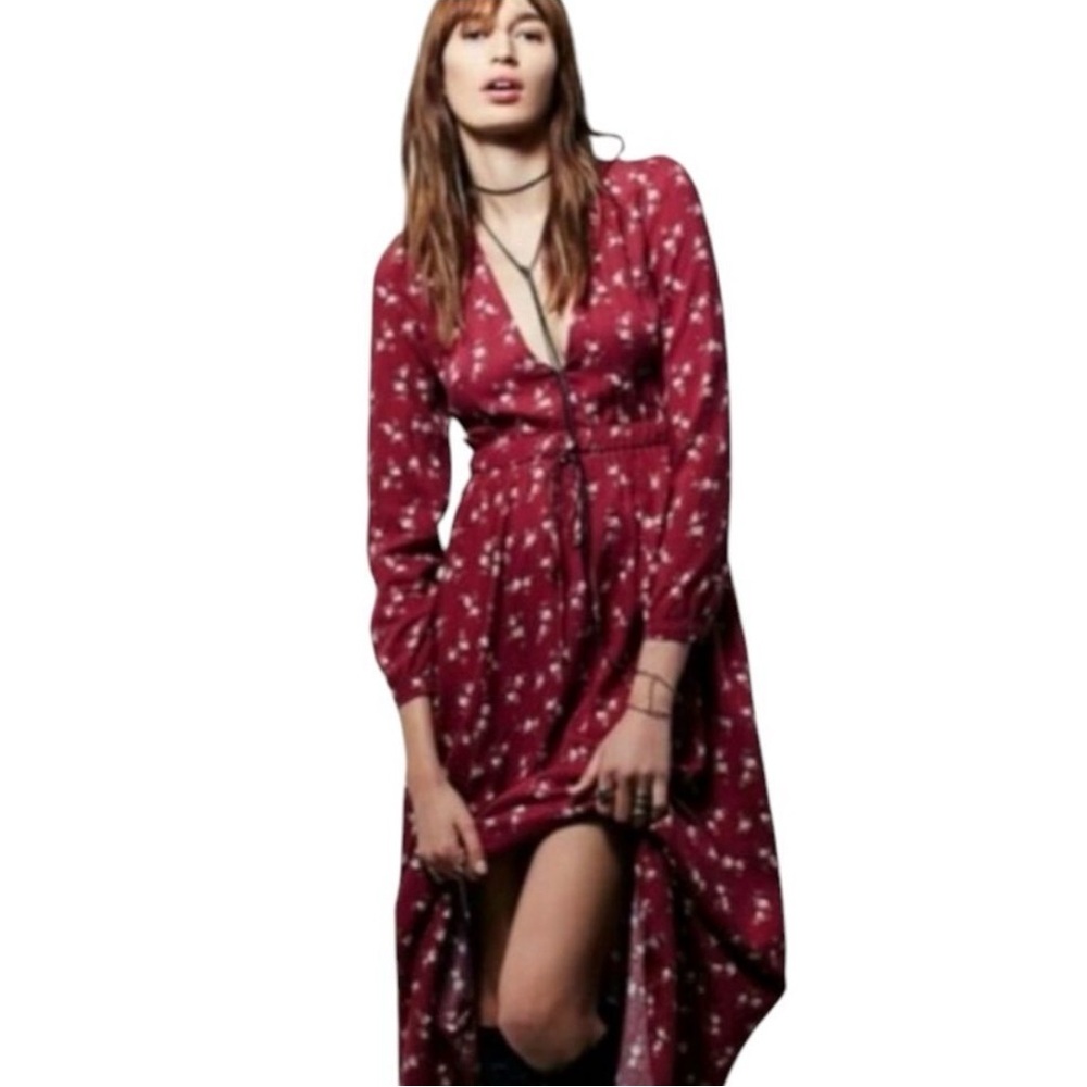 Christy Dawn Audrey Dress Burgundy Red Floral Maxi Long Sleeve M